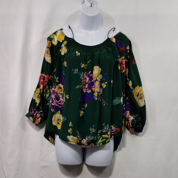 Anthropologie Maeve Floral Tallie Cold Shoulder Silk Blouse Womens XS Green 90s - Picture 2 of 12